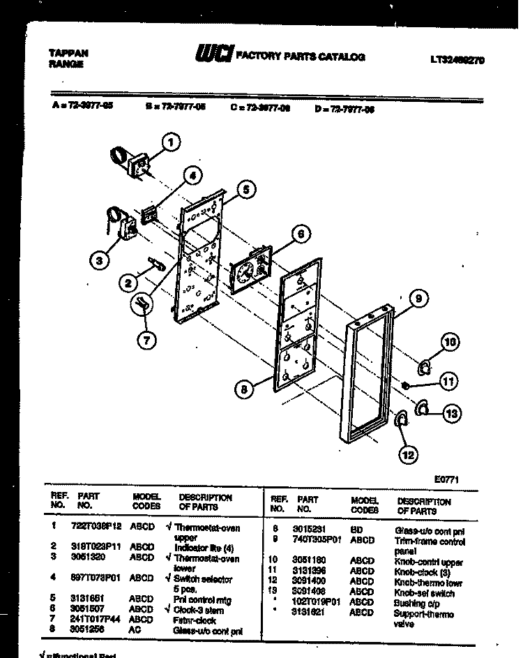 CONTROL PANEL Diagram and Parts List for 72-3977-00-06  Tappan Range