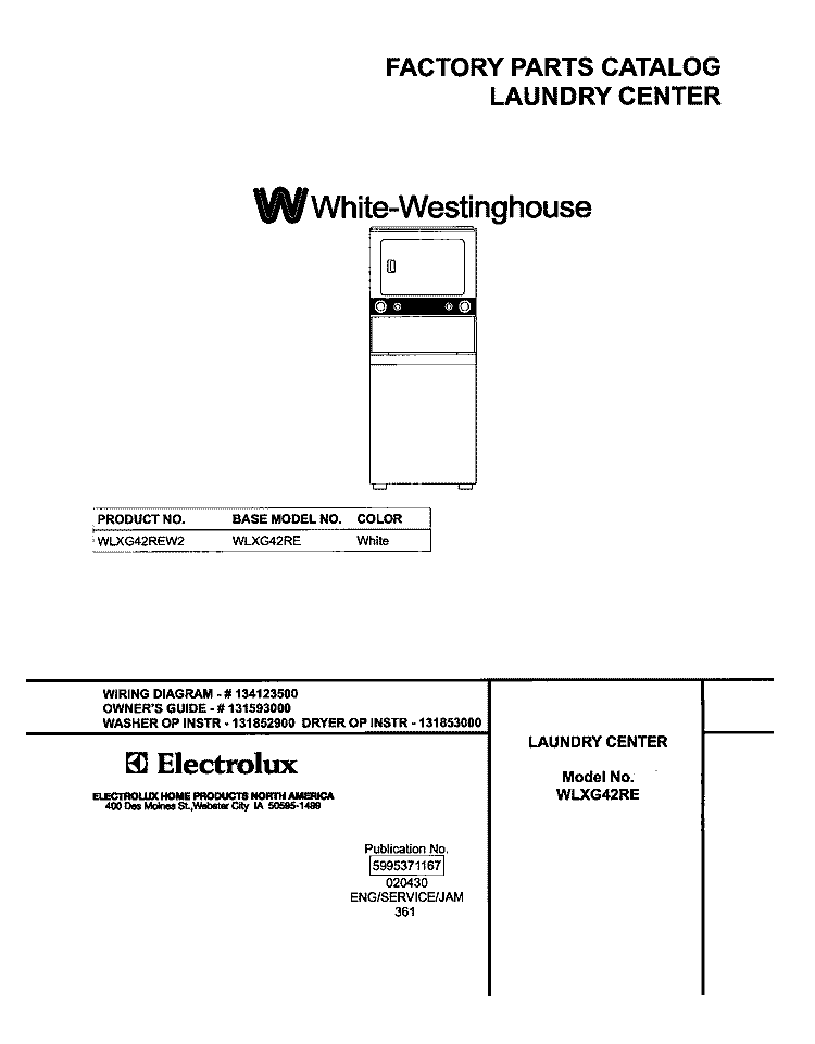 COVER Diagram and Parts List for WLXG42REW2  Westinghouse Washer Dryer Combo