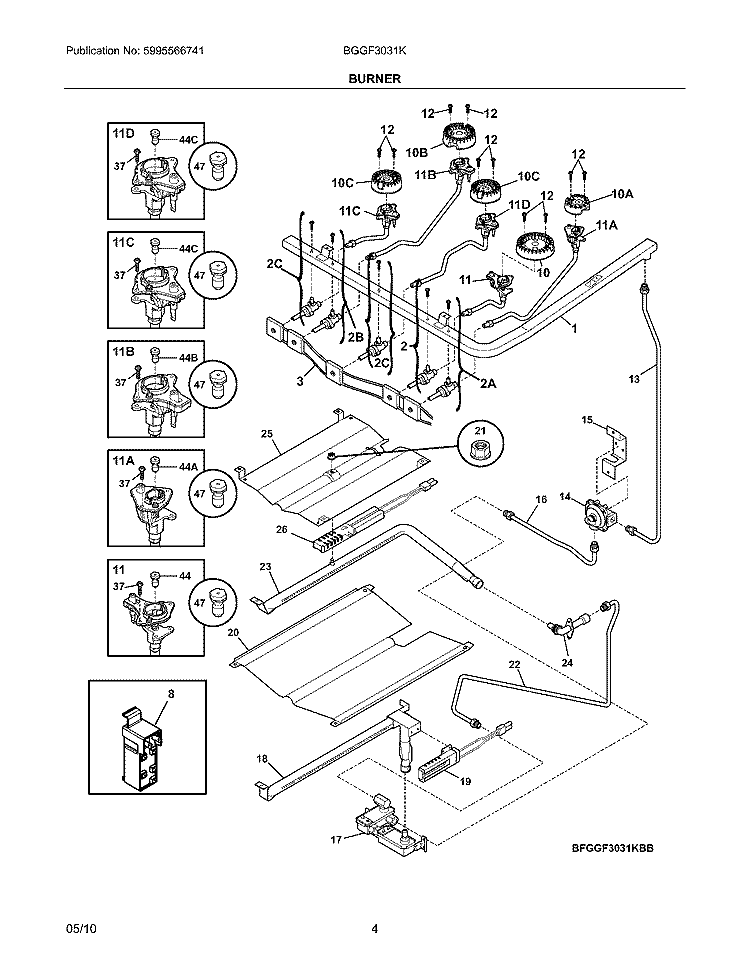 BURNER Diagram and Parts List for BGGF3031KWG  Frigidaire Range
