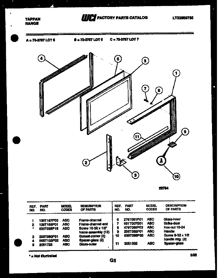 UPPER OVEN DOOR PARTS Diagram and Parts List for 73-3757-00-07  Tappan Range