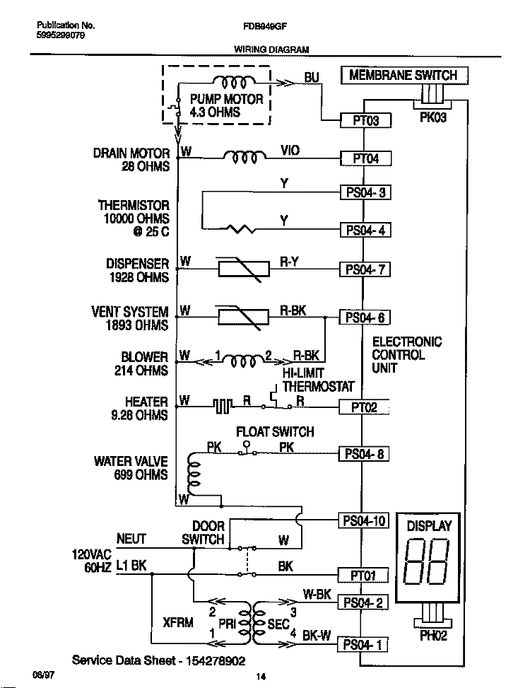 WIRING DIAGRAM Diagram and Parts List for FDB949GFB0  Frigidaire Dishwasher
