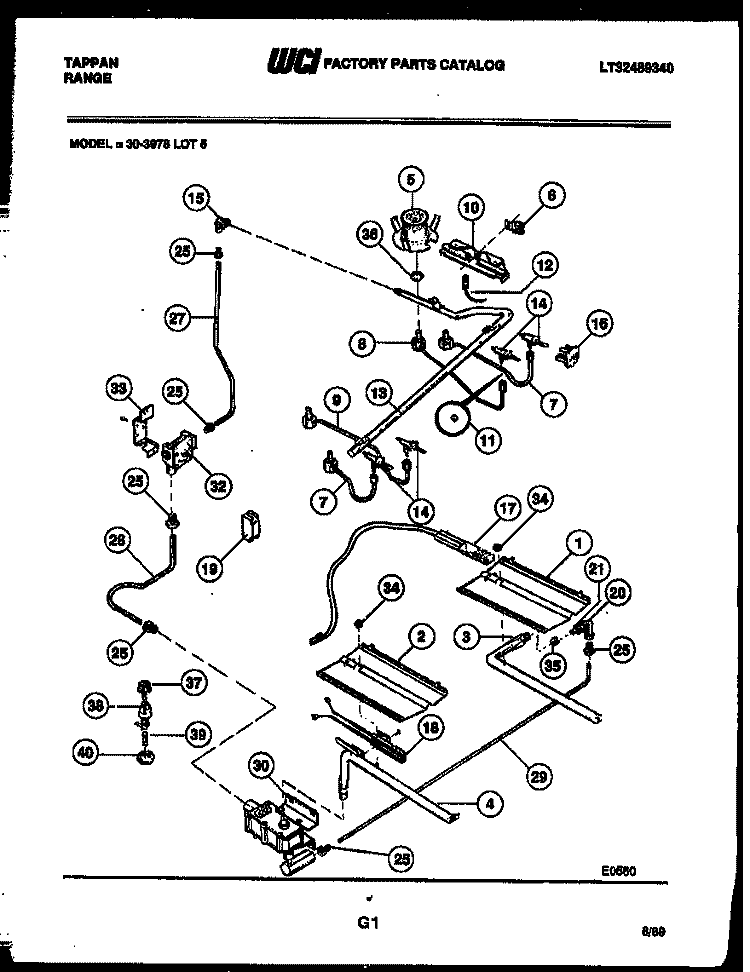 BURNER, MANIFOLD AND GAS CONTROL Diagram and Parts List for 30-3978-00-05  Tappan Range