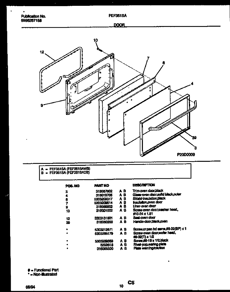 DOOR PARTS Diagram and Parts List for FEF351SADB  Frigidaire Range