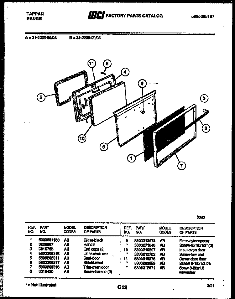 DOOR PARTS Diagram and Parts List for 31-2239-00-03  Tappan Range