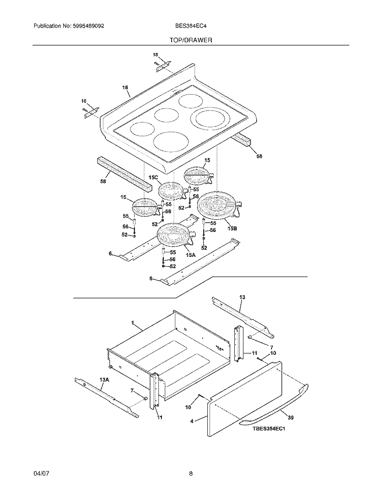 TOP / DRAWER Diagram and Parts List for BES384EC4  Crosley Range