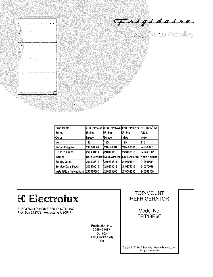 COVER Diagram and Parts List for FRT18P6CQ8  Frigidaire Refrigerator