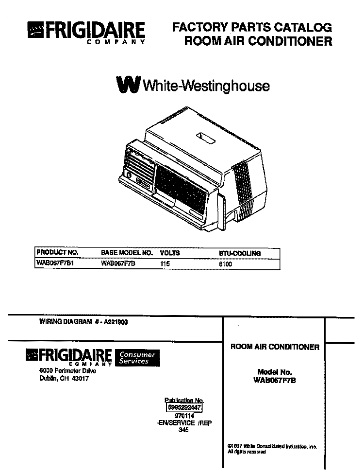 COVER Diagram and Parts List for WAB067F7B1  Frigidaire Air Conditioner