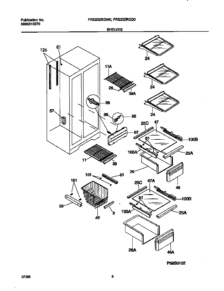 SHELVES Diagram and Parts List for FRS20ZRGW0  Frigidaire Refrigerator