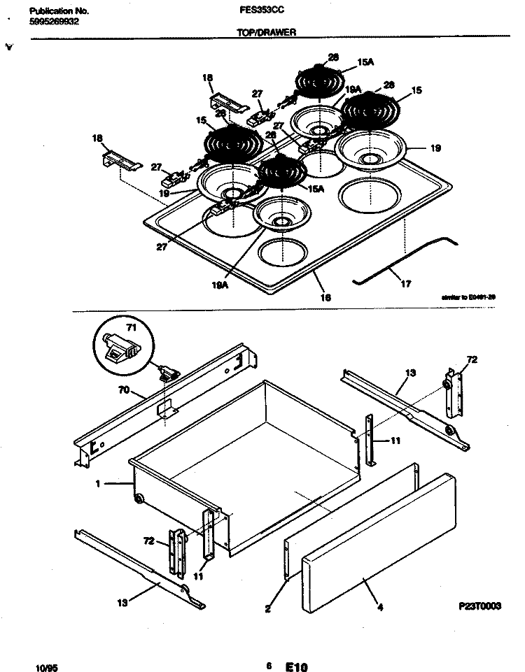 TOP / DRAWER Diagram and Parts List for FES353CCD1  Frigidaire Range