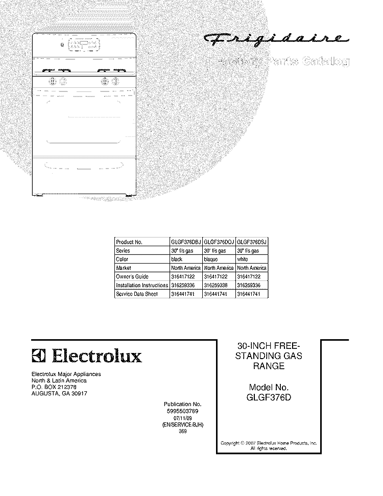 COVER Diagram and Parts List for GLGF376DQJ  Frigidaire Range