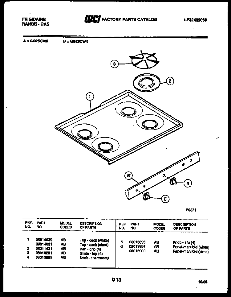 COOKTOP PARTS Diagram and Parts List for GG26CW3  Frigidaire Range
