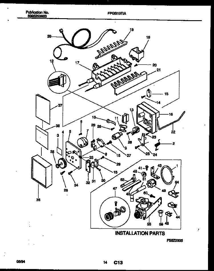 ICE MAKER AND INSTALLATION PARTS Diagram and Parts List for FPGS19TIAL1  Frigidaire Refrigerator
