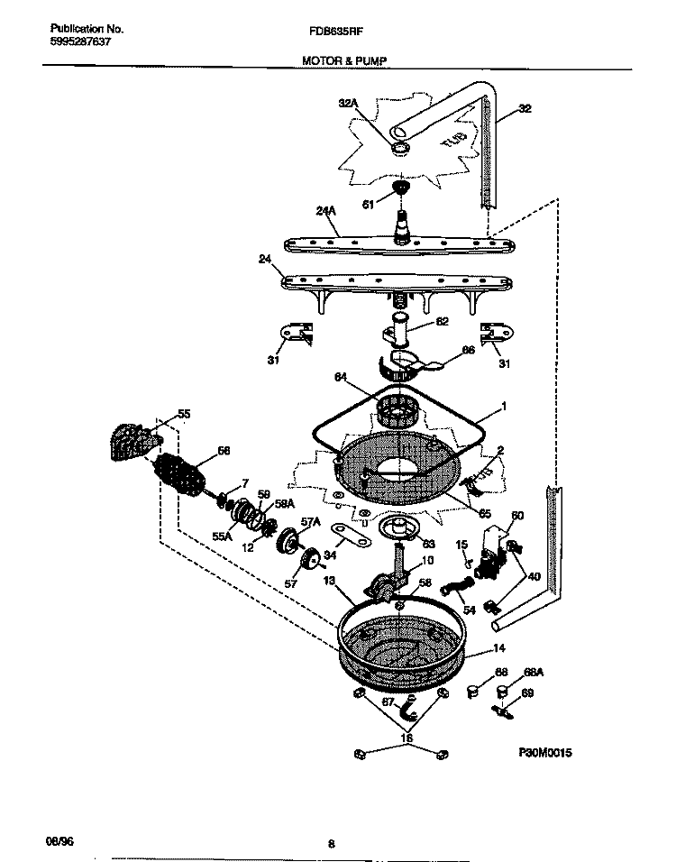 MOTOR & PUMP Diagram and Parts List for FDB635RFR0  Frigidaire Dishwasher