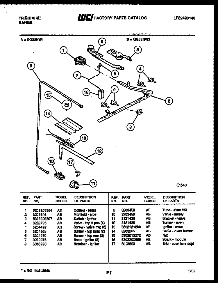 BURNER, MANIFOLD AND GAS CONTROL Diagram and Parts List for GG32NL1  Frigidaire Range