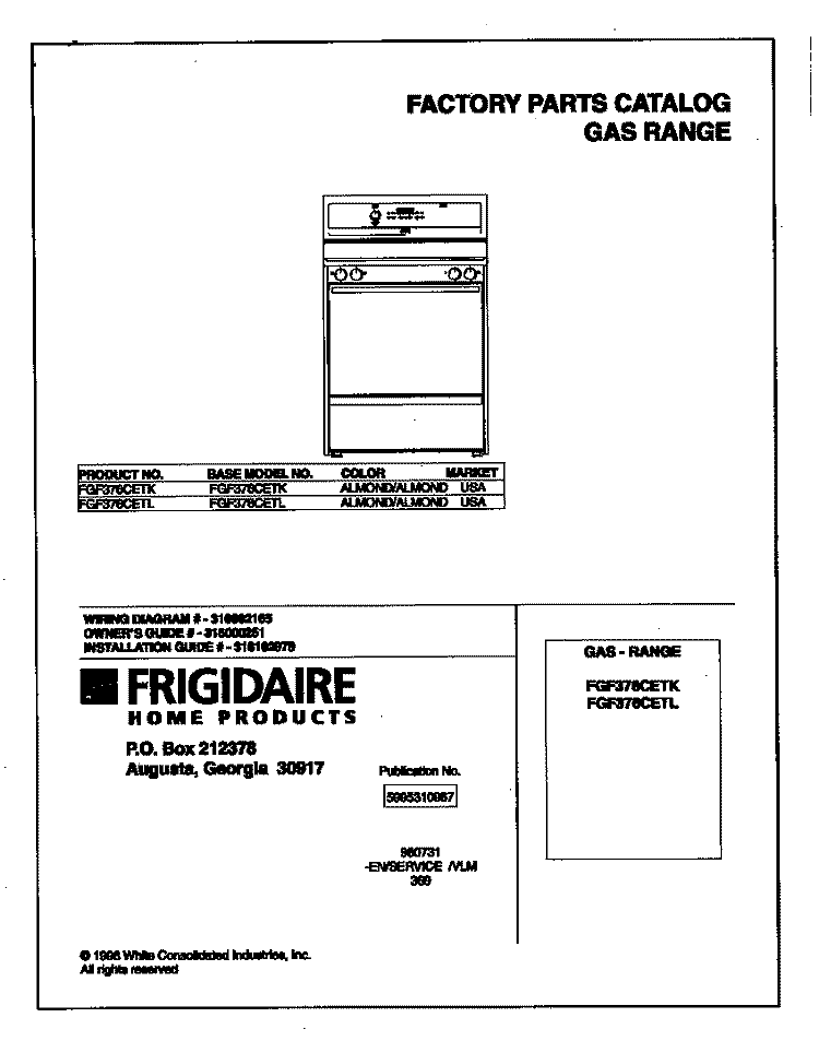 COVER Diagram and Parts List for FGF376CETL  Frigidaire Range