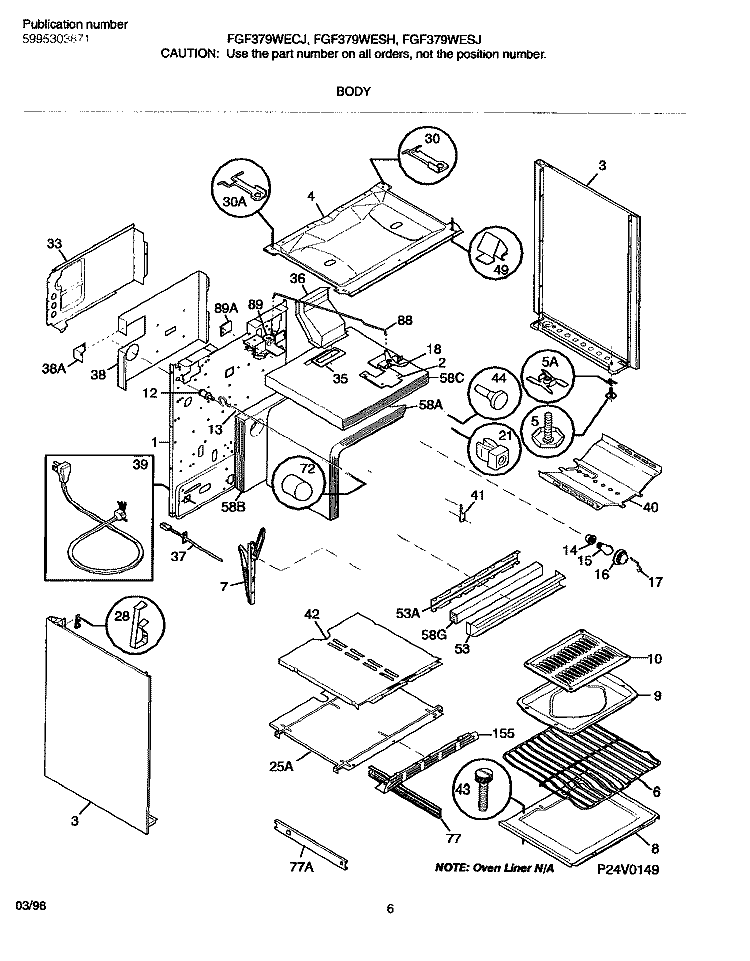BODY Diagram and Parts List for FGF376WESH  Frigidaire Range