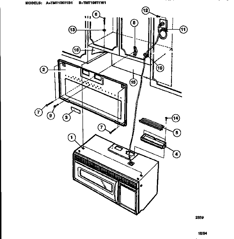 INSTALLATION Diagram and Parts List for TMT106T1W1  Tappan Microwave