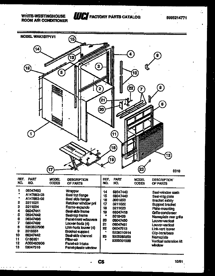 CABINET PARTS Diagram and Parts List for WAK107P1V1  Frigidaire Air Conditioner