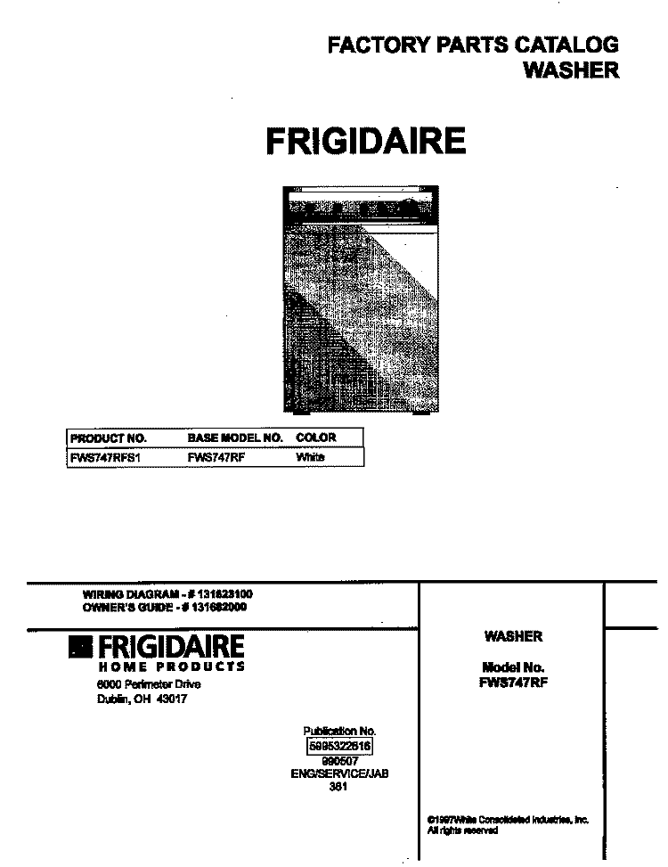 COVER Diagram and Parts List for FWS747RFS1  Frigidaire Washer