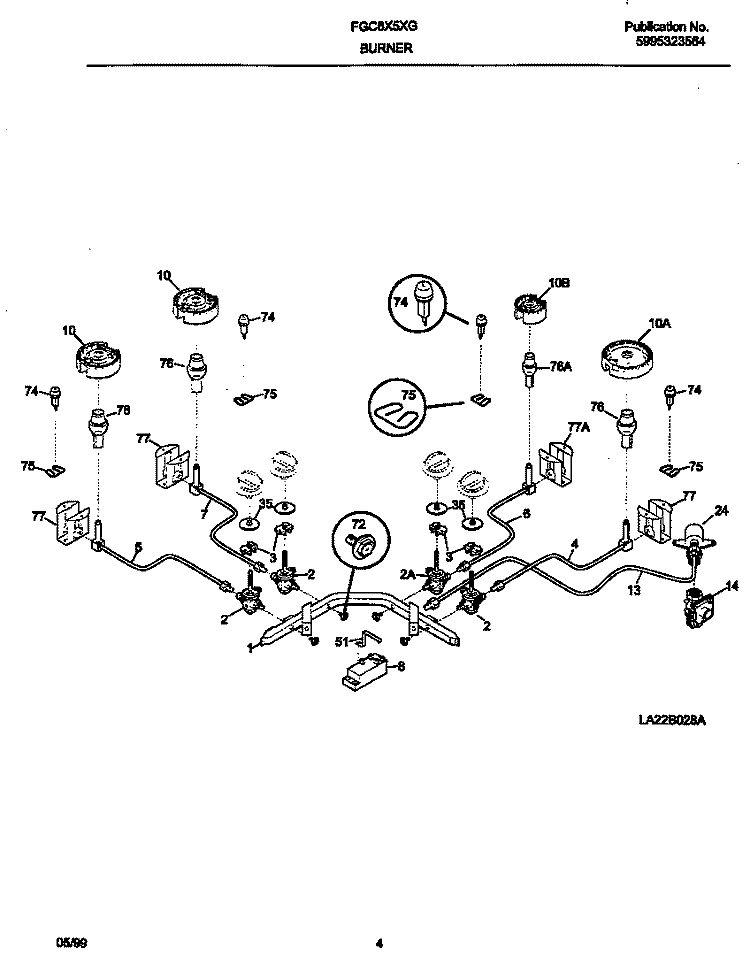 BURNER Diagram and Parts List for FGC6X5XGBA  Frigidaire Cooktop