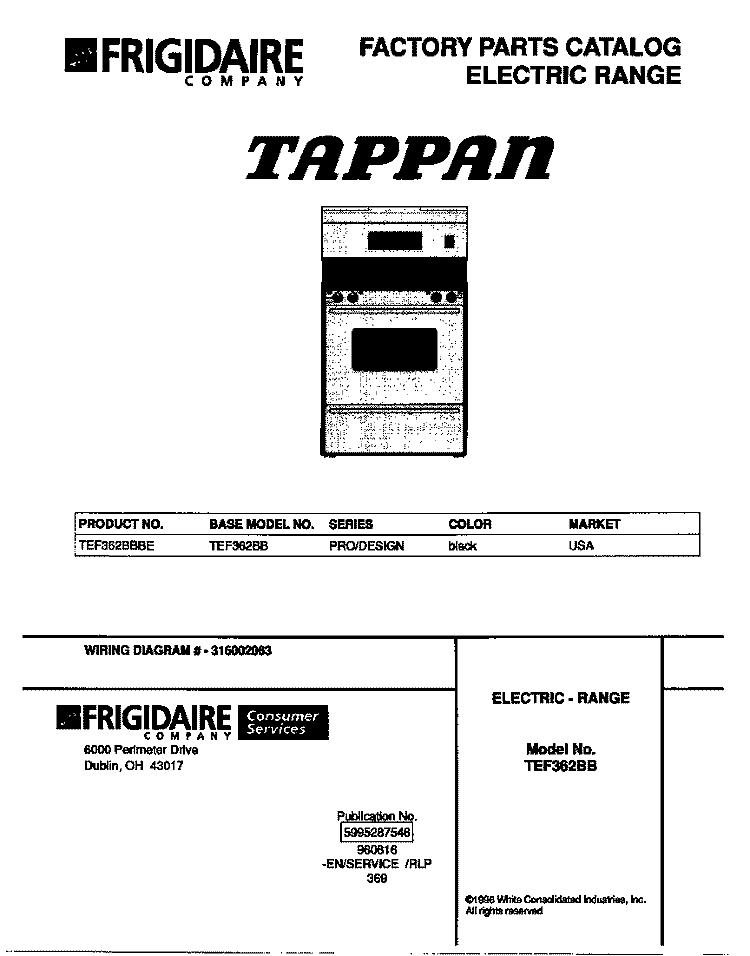COVER Diagram and Parts List for TEF362BBBE  Tappan Range