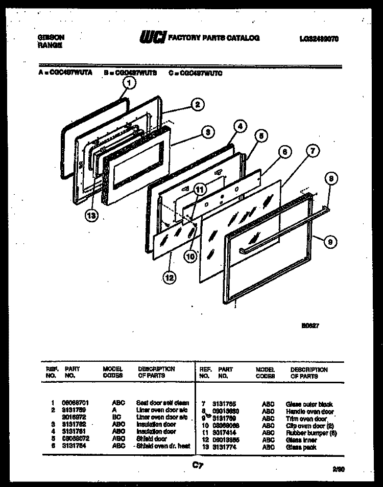 DOOR PARTS Diagram and Parts List for CGC4S7WUTC  Gibson Range