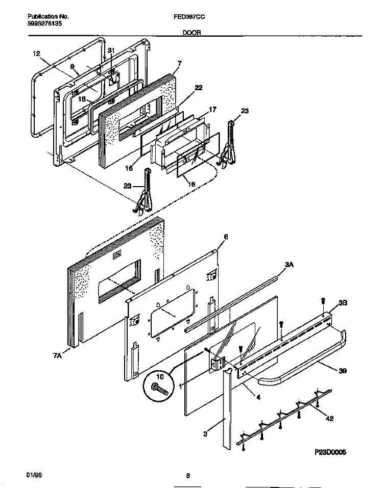 DOOR Diagram and Parts List for FED387CCSC  Frigidaire Wall Oven
