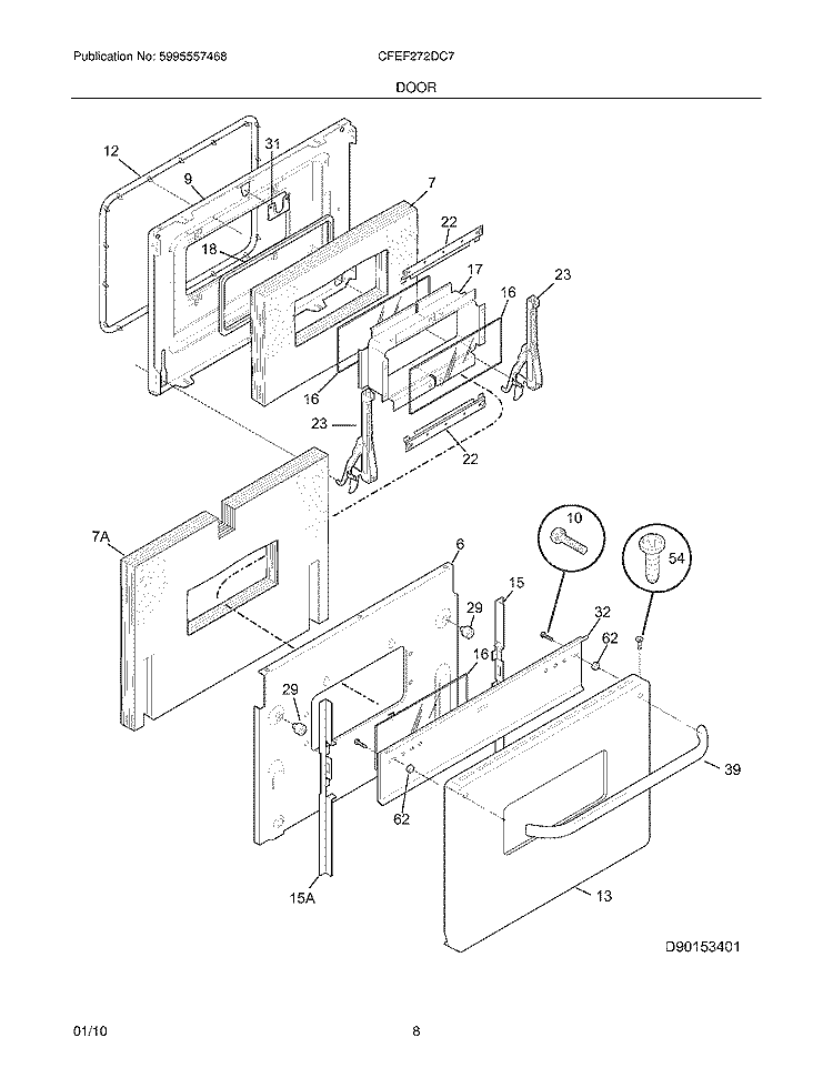 DOOR Diagram and Parts List for CFEF272DC7  Frigidaire Range