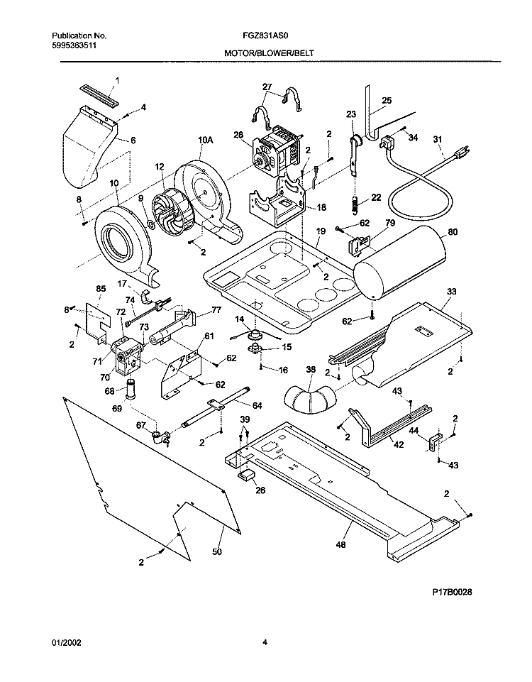 DRY MTR, BELT Diagram and Parts List for FGZ831AS0  Frigidaire Washer Dryer Combo