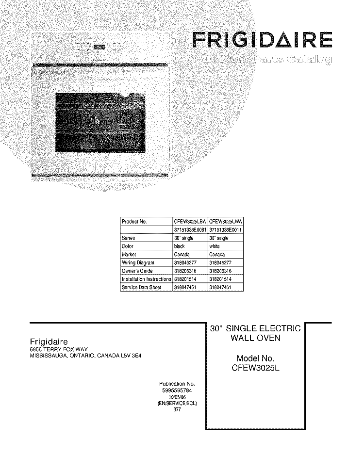 COVER Diagram and Parts List for CFEW3025LBA  Frigidaire Wall Oven