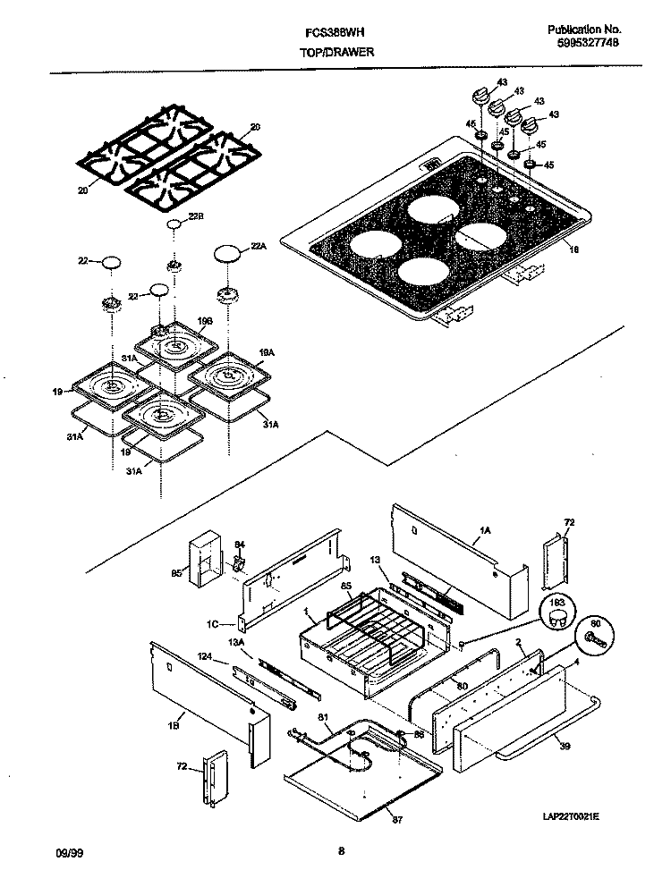 TOP / DRAWER Diagram and Parts List for FCS388WHCB  Frigidaire Range