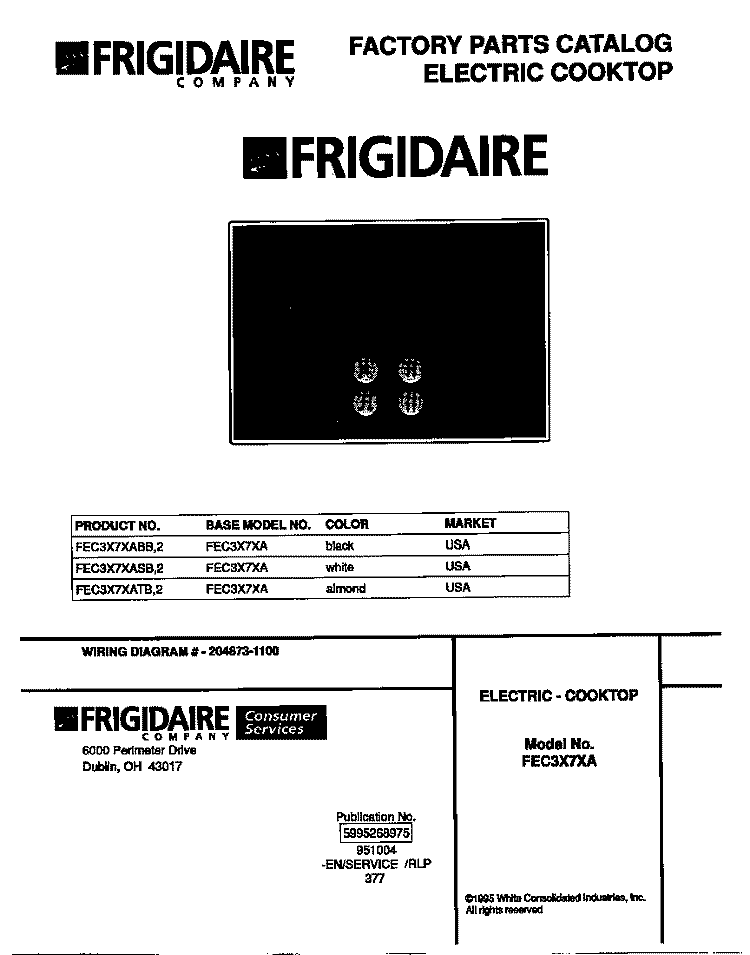 COVER Diagram and Parts List for FEC3X7XATB  Frigidaire Cooktop