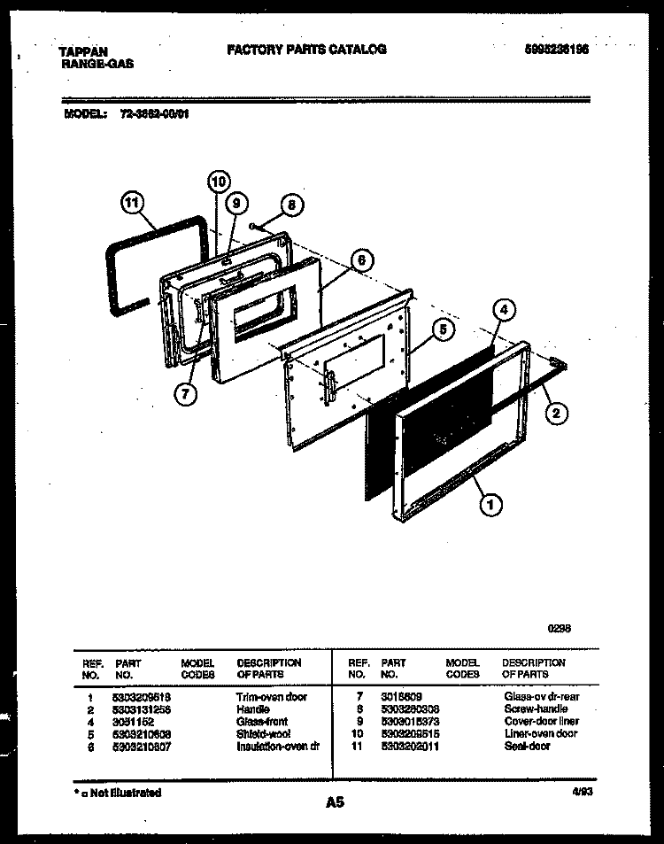 LOWER OVEN DOOR PARTS Diagram and Parts List for 72-3662-23-01  Tappan Range