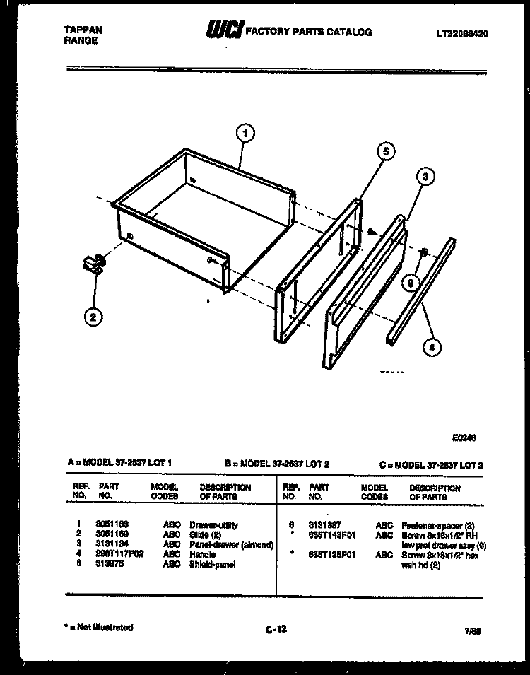 DRAWER PARTS Diagram and Parts List for 37-2537-23-01  Tappan Range