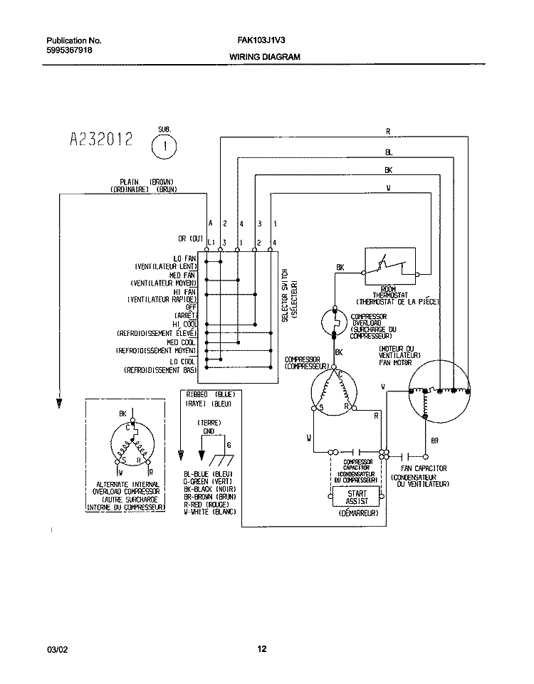 WIRING DIAGRAM Diagram and Parts List for FAK103J1V3  Frigidaire Air Conditioner