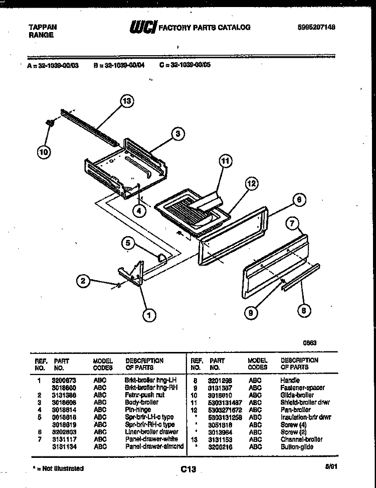 BROILER DRAWER PARTS Diagram and Parts List for 32-1039-00-03  Tappan Range