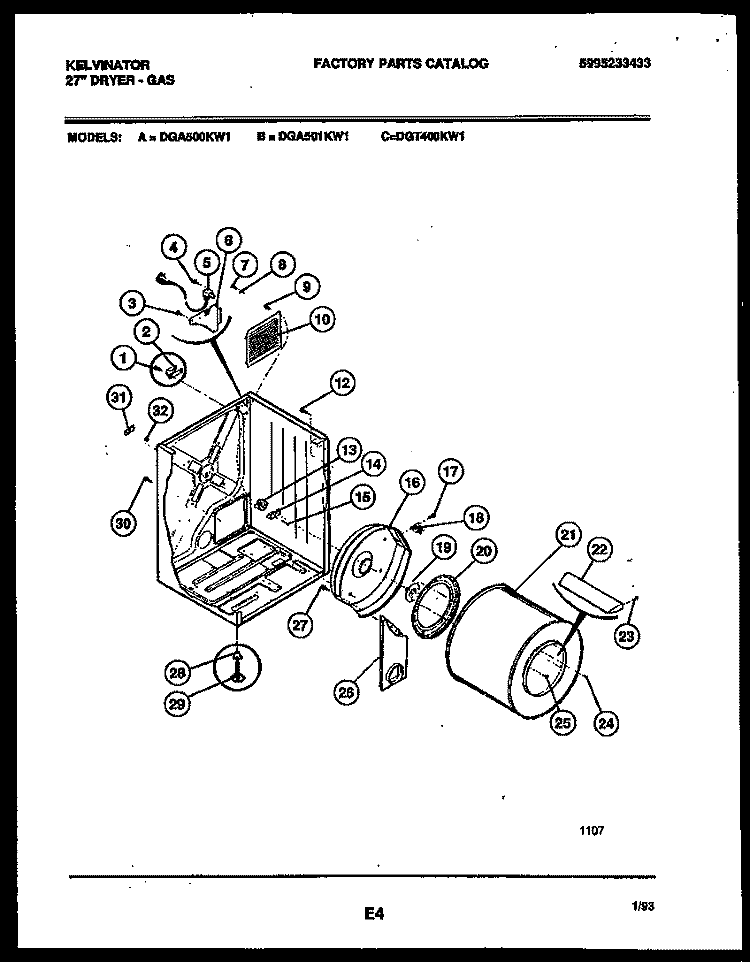 CABINET AND COMPONENT PARTS Diagram and Parts List for DGA500KW1  Kelvinator Dryer