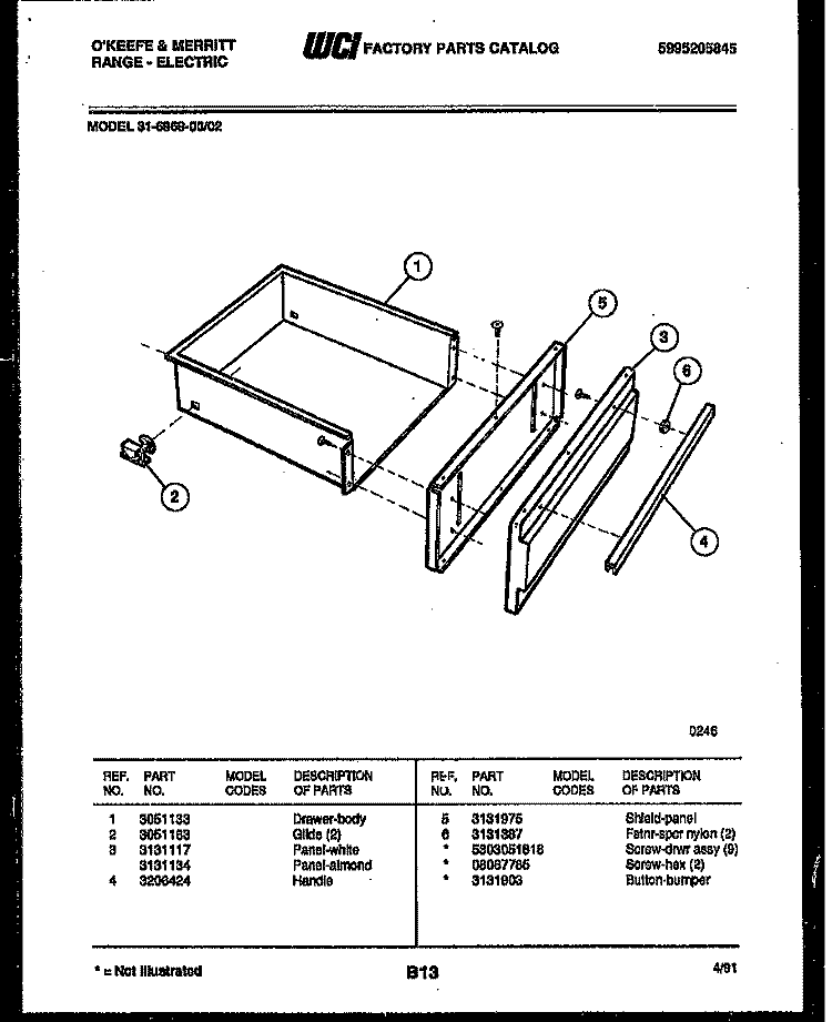 DRAWER PARTS Diagram and Parts List for 31-6969-00-02  Tappan Range
