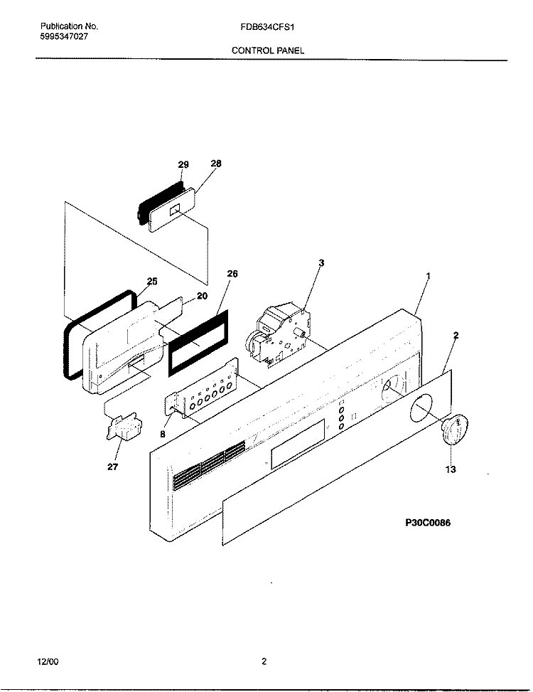 CONTROL PANEL Diagram and Parts List for FDB634CFS1  Frigidaire Dishwasher