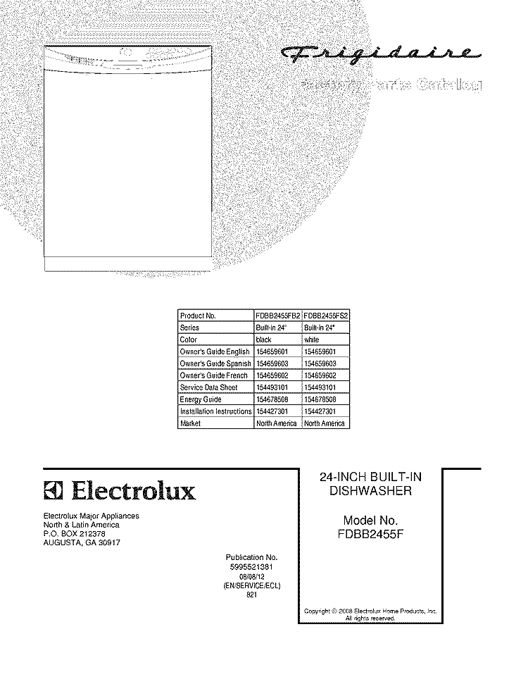 COVER Diagram and Parts List for FDBB2455FB2  Frigidaire Dishwasher