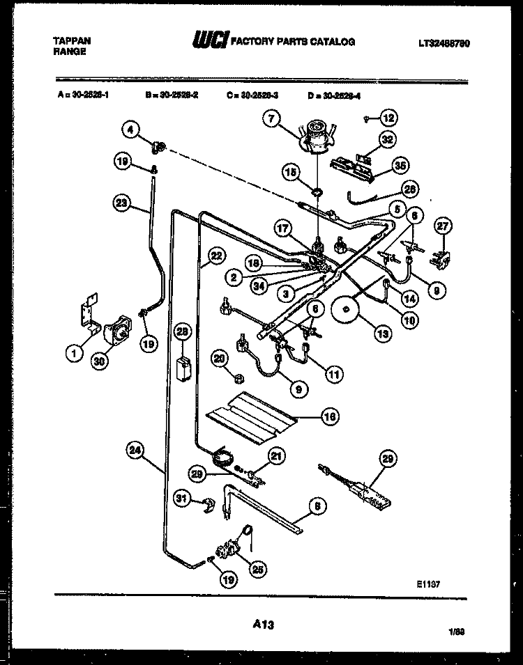 BURNER, MANIFOLD AND GAS CONTROL Diagram and Parts List for 30-2528-00-03  Tappan Range