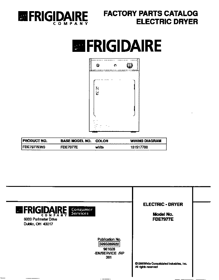 COVER Diagram and Parts List for FDE7977EW0  Frigidaire Dryer