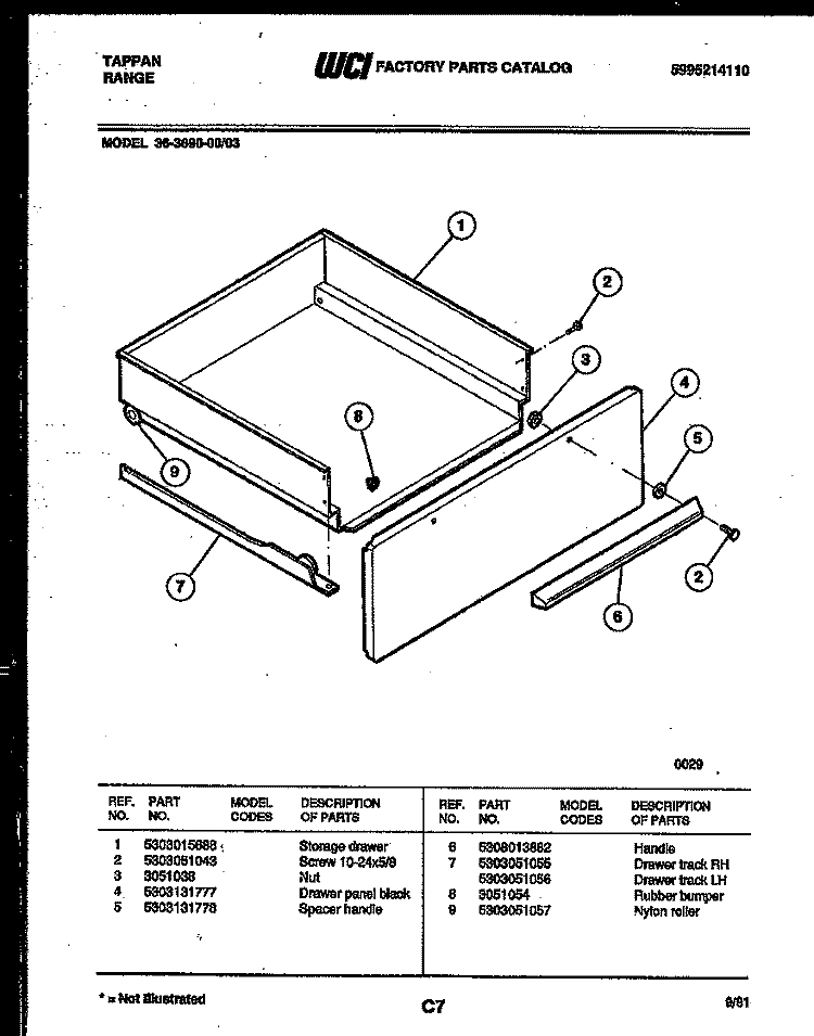 DRAWER PARTS Diagram and Parts List for 36-3690-00-03  Tappan Range