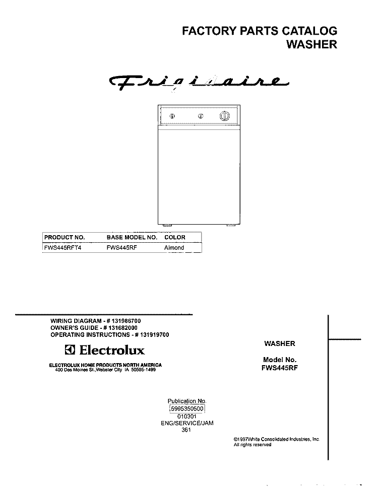 COVER Diagram and Parts List for FWS445RFT4  Frigidaire Washer