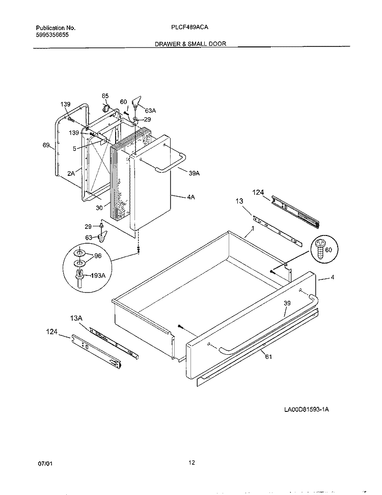 DRAWER & SMALL DOOR Diagram and Parts List for PLCF489ACA  Frigidaire Range