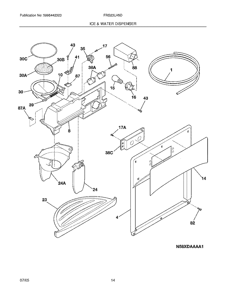 ICE & WATER DISPENSER Diagram and Parts List for FRS23LH5DSN  Frigidaire Refrigerator