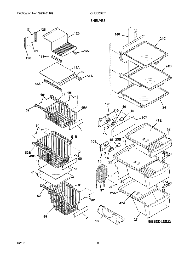 SHELVES Diagram and Parts List for GHSC39EFPB0  Frigidaire Refrigerator