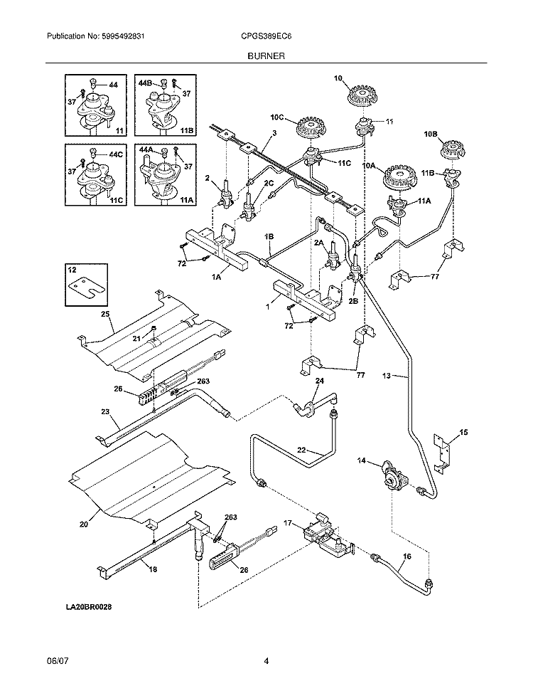 BURNER Diagram and Parts List for CPGS389EC6  Frigidaire Range