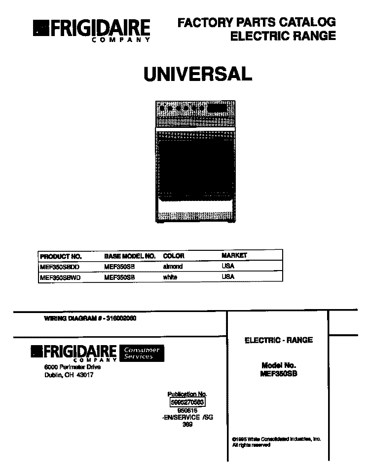COVER Diagram and Parts List for MEF350SBWD  Frigidaire Range