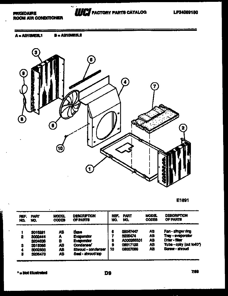 AIR HANDLING PARTS Diagram and Parts List for AS10ME5L2  Frigidaire Air Conditioner